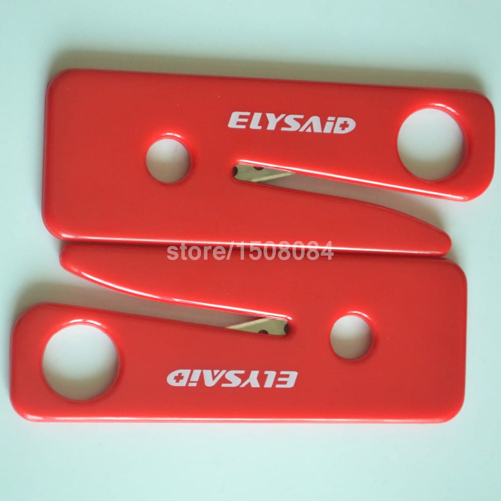 red elysaid seat belt cutter emergency car window breaker with metallic blade and red circular handles shown from the front.