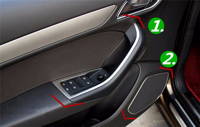 Black leather-trimmed audi q3 2012-2016 car door panel with silver accent trim and integrated window control buttons for interior trim decoration.