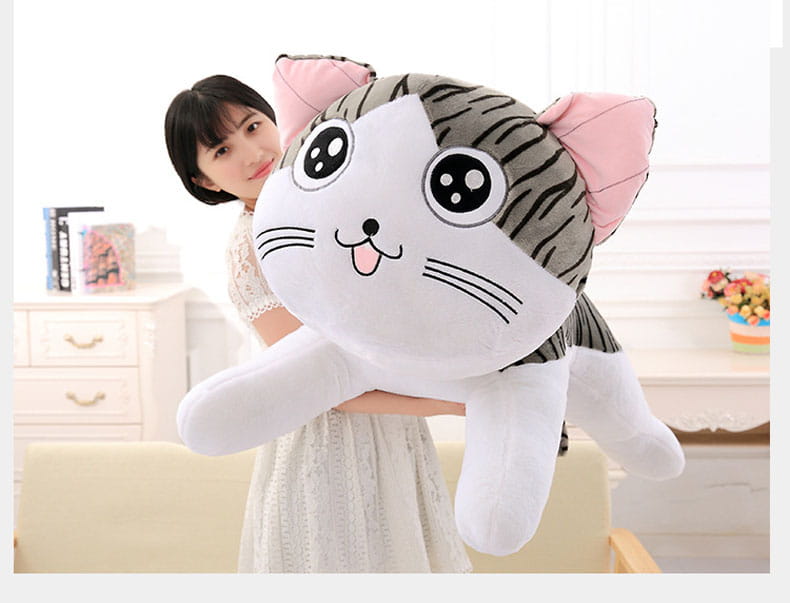 cheese cat soft animal plush toy featuring a plush oversized cat pillow with a white face, gray striped body, pink ears, and embroidered black eyes, ideal as a soft animal doll.