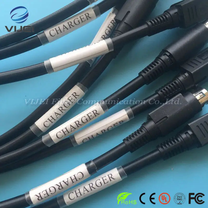 black battery charger cable for Fujikura fusion splicer with white charger labels wrapped around the cords designed for optical fiber fusion use