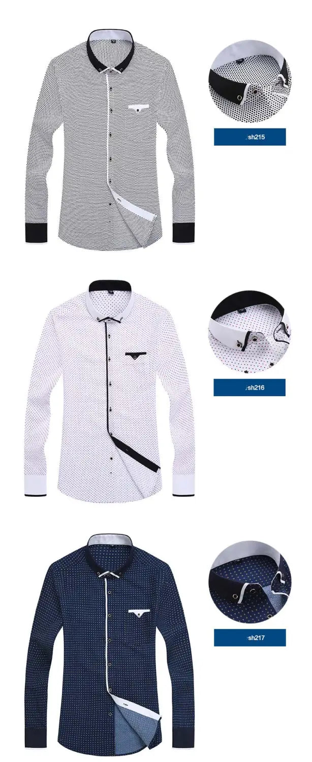 Three slim fit long sleeve men floral dress shirts with contrasting black collars cuffs and placket details for casual wear.