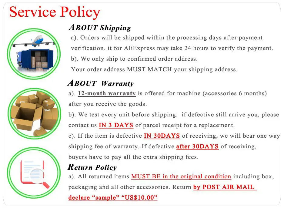 service policy document detailing shipping warranty and return terms for the anysecu t56 charger desktop type c base for the anysecu t56 ruyage product.