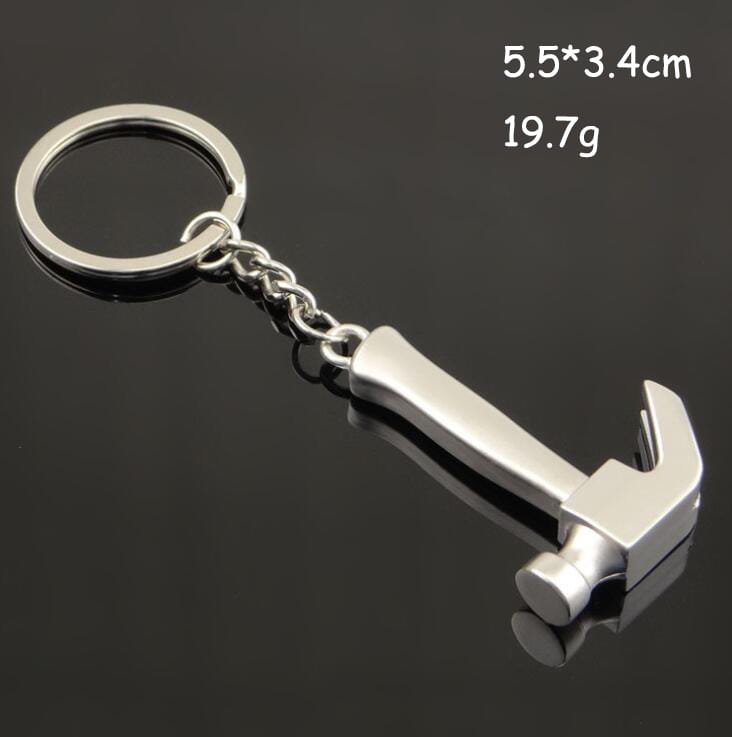 Silver metallic hammer-shaped keychain with polished finish and metal chain attachment from mini tool keychain set metal multi-tool key ring.