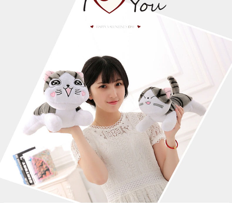 soft gray and white cheese cat soft animal plush toy with pink inner ears and embroidered facial features designed as a soft animal doll