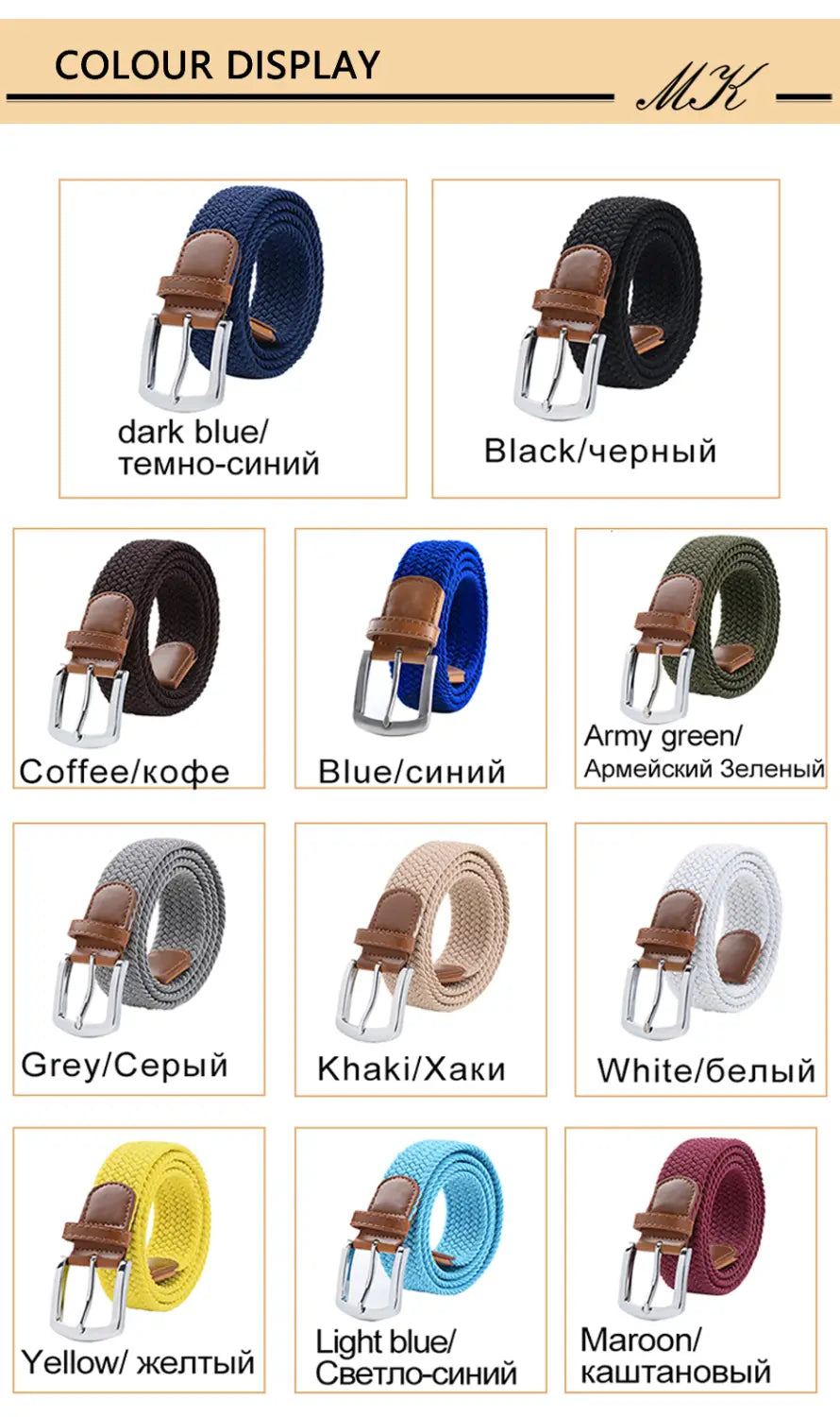 Maikun men’s woven elastic casual belt features a stretchy woven fabric with a brown leather buckle and silver toned metal hardware.