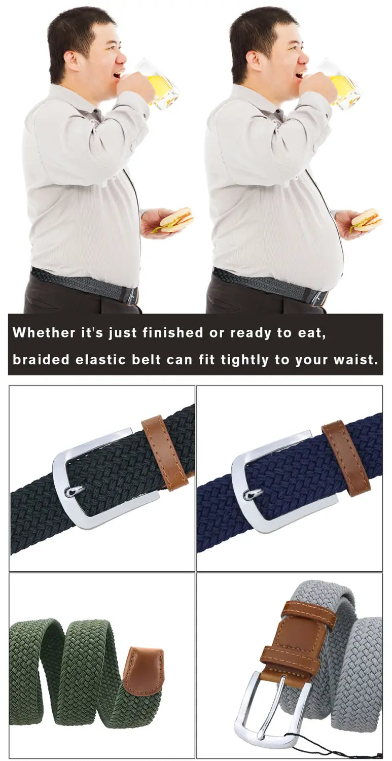 maikun men’s woven elastic casual belt featuring braided texture in black navy blue and gray with brown leather accents.
