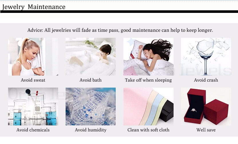 The image shows jewelry care tips for a ruby cz gold filled statement ring including advice to avoid sweat and bath, remove when sleeping, avoid impact, chemicals, humidity, clean with a soft cloth, and store in protected boxes.
