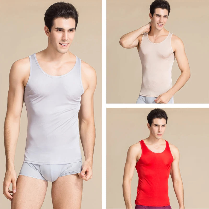 Men Tank Tops 30% Real Silk Solid Tanks For Men O Neck Vest 2025 New Spring Summer Black White Bottoming Shirt