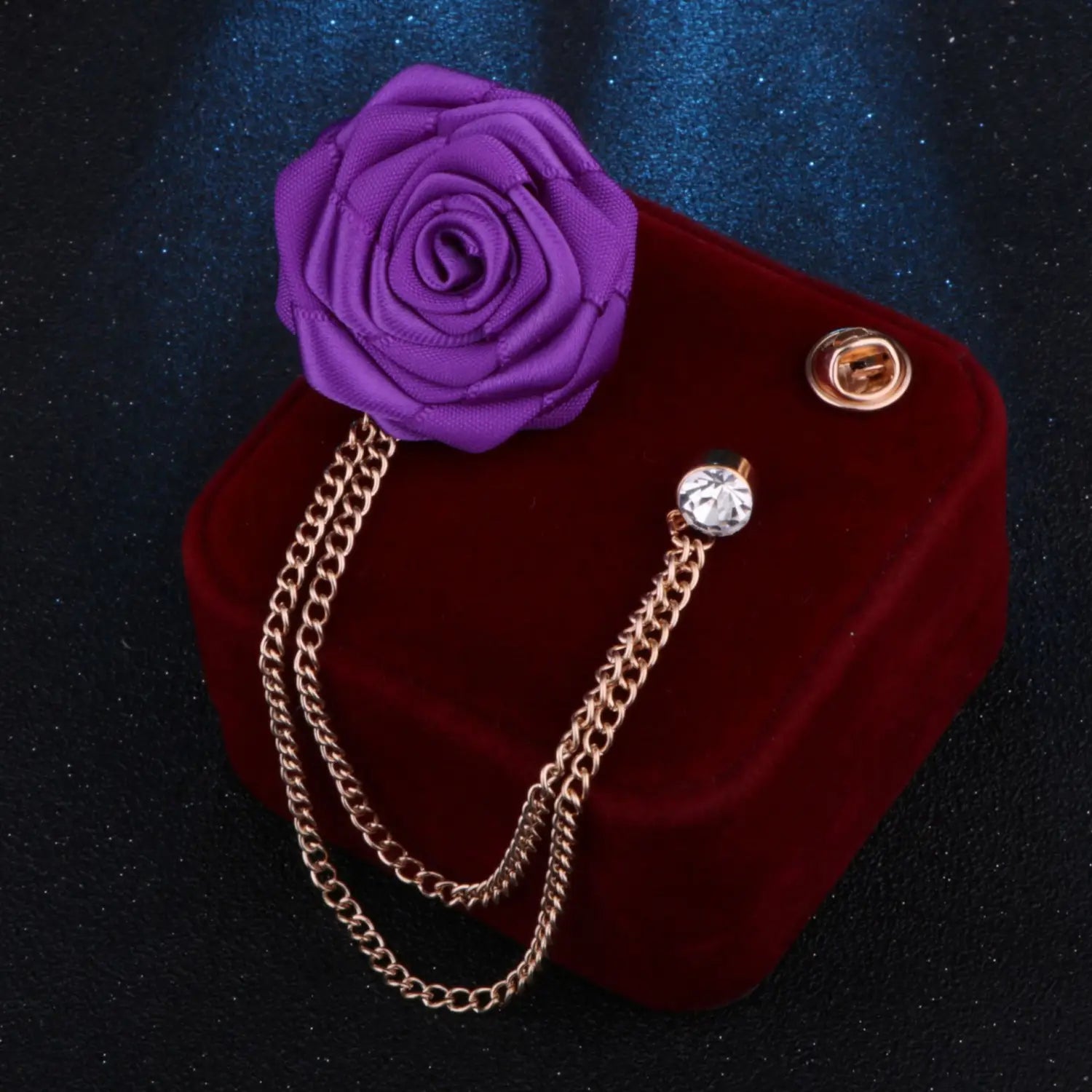 purple fabric rose lapel pin with gold-toned chain and crystal accent for men suit brooch tassel chain accessory