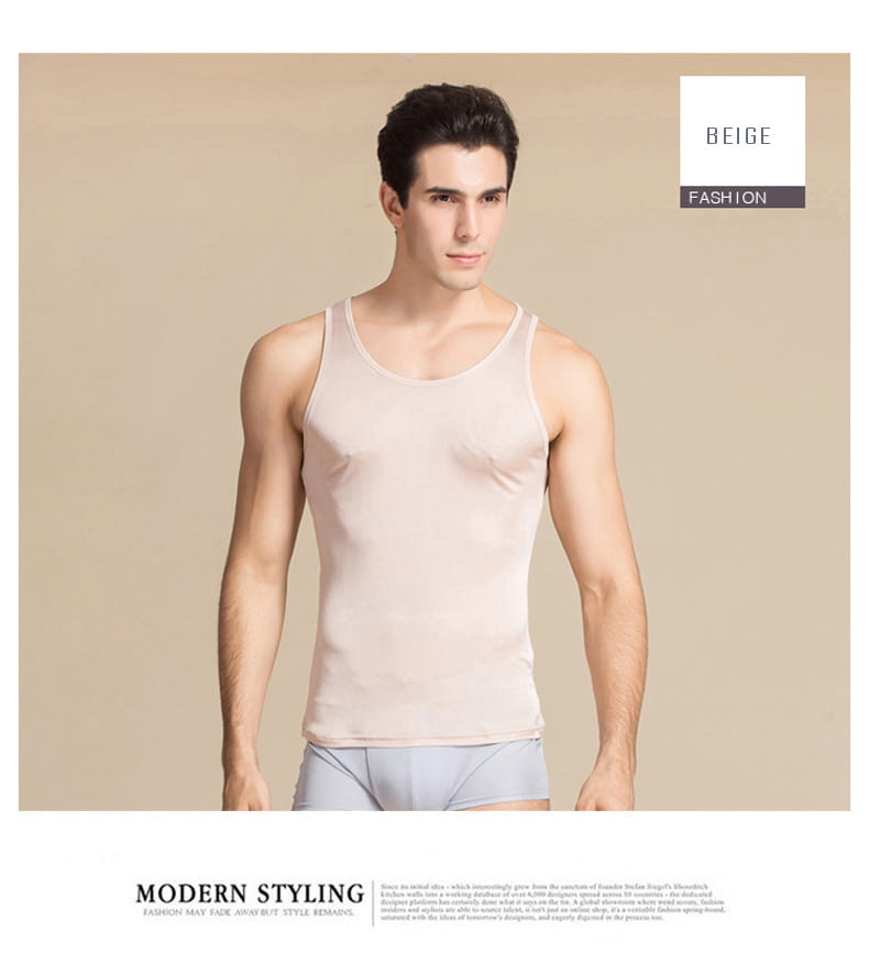 Beige men silk blend tank top with a simple modern design and casual o neck vest style.