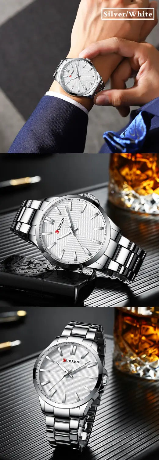 Montre pour homme Curren en or rose, quartz, en acier inoxydable à la teinte argent, avec cadran blanc et design minimaliste, comportant le logo de la marque Curren.