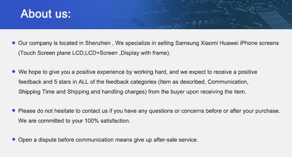 The image shows a blue header about us with company details from Shenzhen specializing in samsung, Xiaomi, Huawei and iPhone screen sales alongside the iPhone 16 Plus replacement back cover glass product emphasizing shipping fee information.