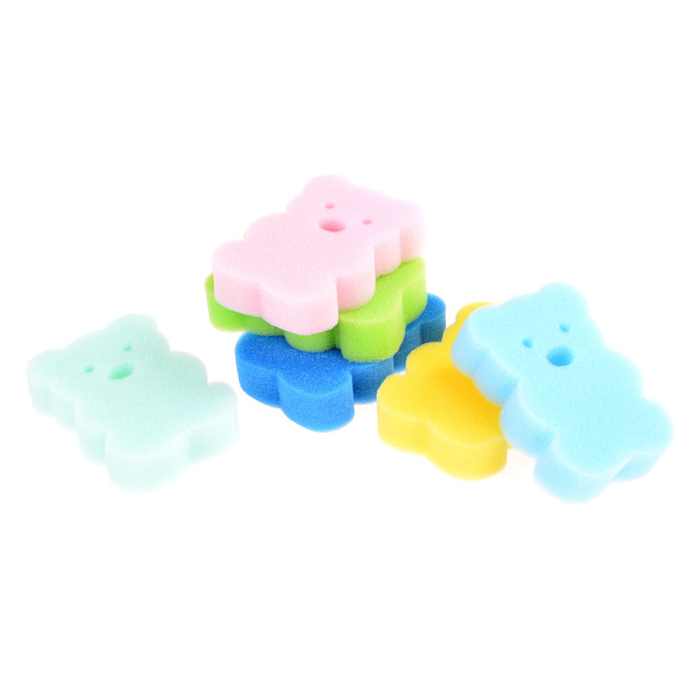 Baby-Badeschwamm aus weichem Schaumstoff als Duschbürste in Pastellfarben, darunter Rosa, Grün, Blau und Gelb, sowie Minzgrün, geformt wie Bären, für eine sanfte Babypflege beim Baden.
