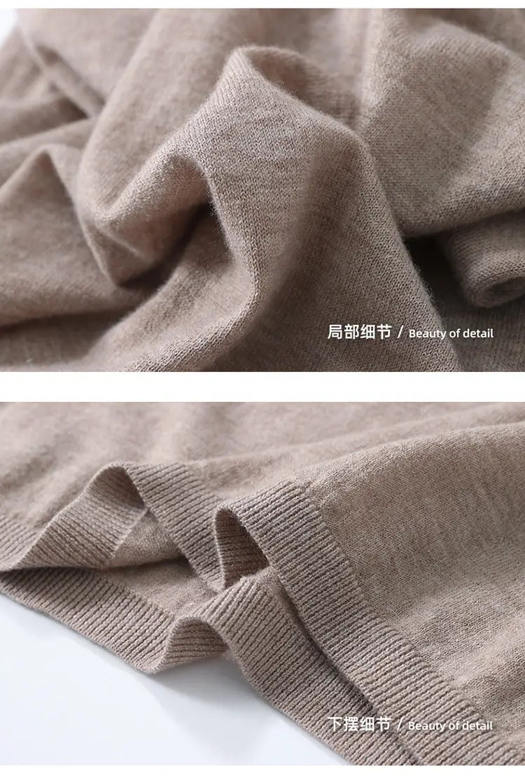Soft beige wool turtleneck sleeveless sweater vest with fine ribbed texture and subtle sheen.
