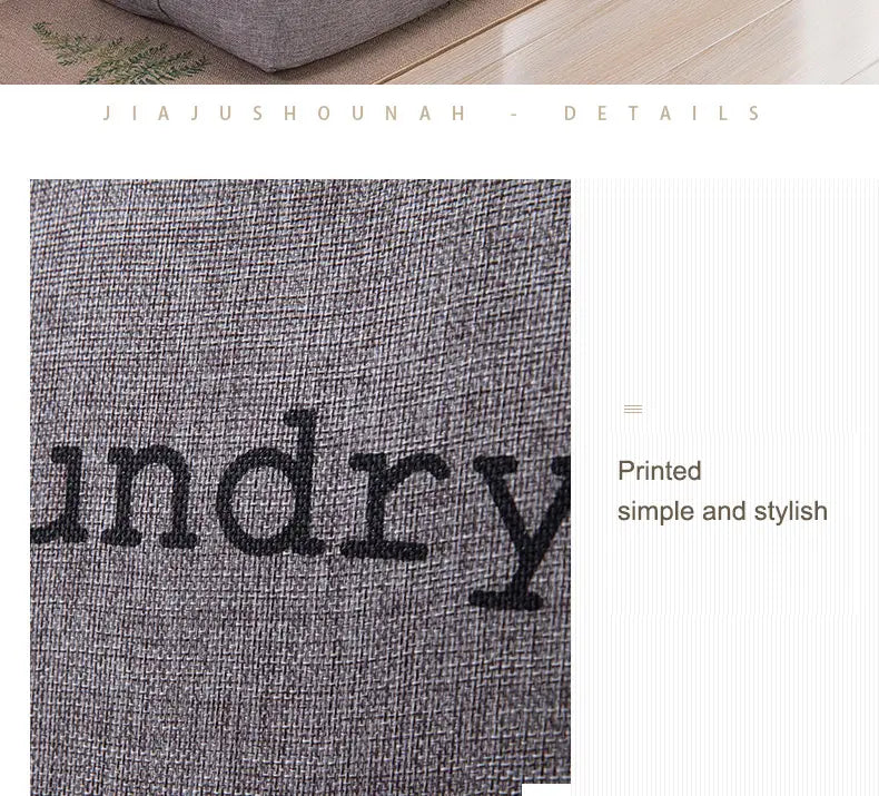 gray textured fabric cushion on a foldable laundry basket with black undry lettering in a typewriter-style font designed for storage baskets and foldable storage baskets.