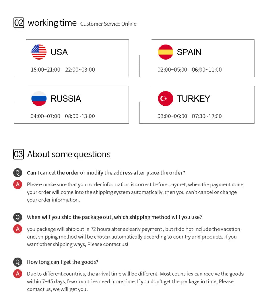 Online-Kundenservice-Zeiten für die Smartphone-Halterung für den Autoluftungs-Schacht von Seametal mit Angabe der Verfügbarkeit in den USA, Spanien, Russland und der Türkei.
