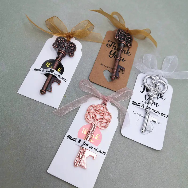 Recuerdos abridores de botellas para bodas con estilo antiguo, con forma de llave personalizada, en acabados bronce, oro rosa y plata