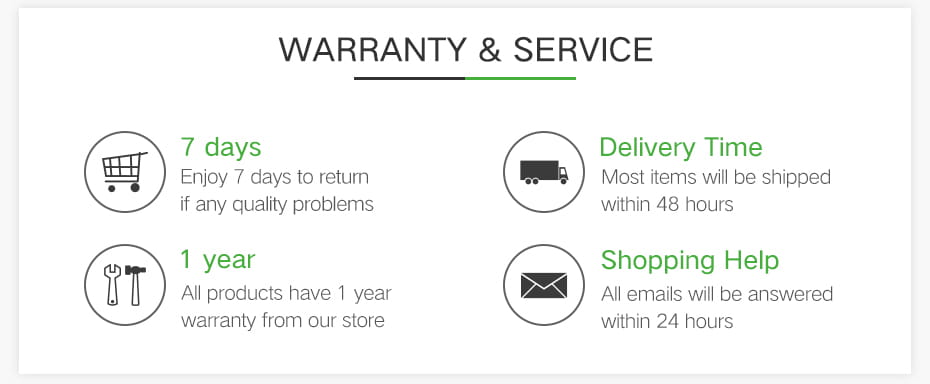 white paper showing warranty delivery time and shopping help information for a digital led sport watch with black and green text and a rubber strap unisex wristwatch