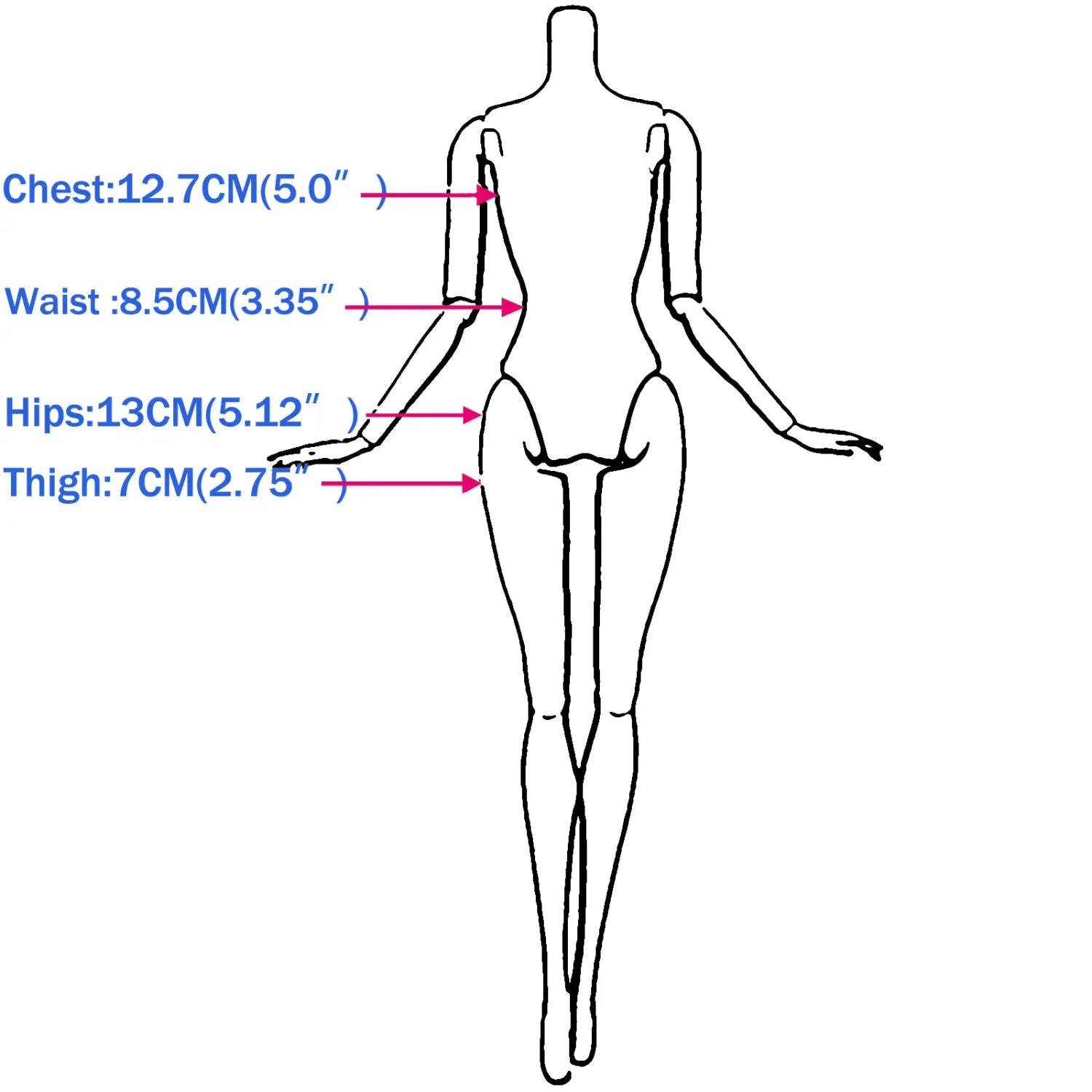 A minimalist line drawing of a doll with labeled body measurements in a doll accessories set 50 piece fashion outfit collection.