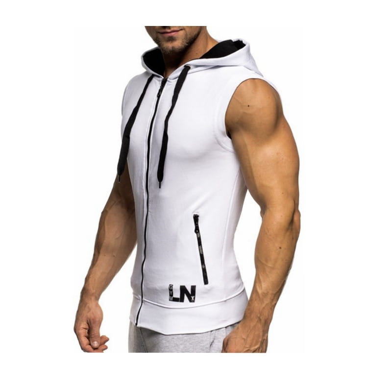 Men sleeveless zip hoodie gym tank top activewear in white with black drawstrings and lining, featuring a front zipper pocket and ln branding on the lower left side.
