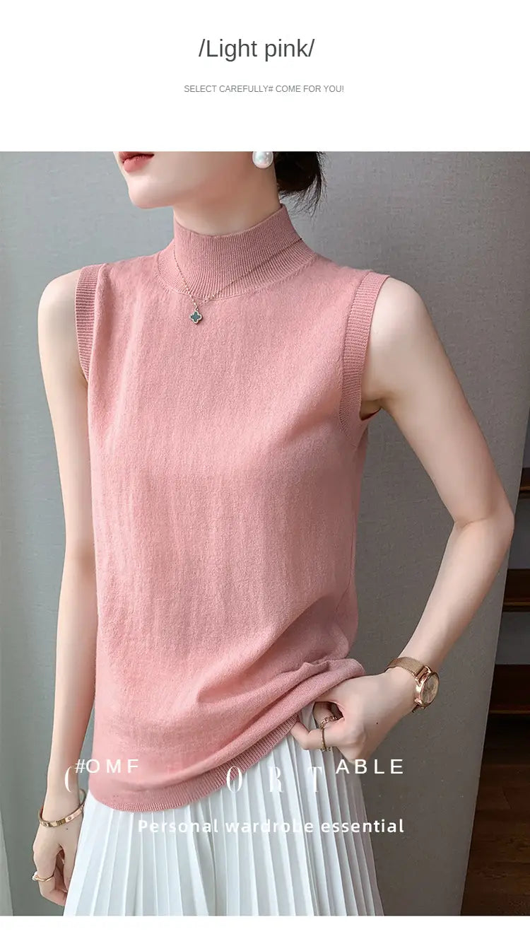 light pink wool sleeveless sweater vest with a high neckline and knit texture