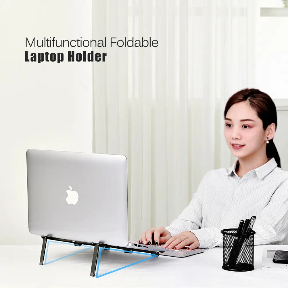 Silver aluminum laptop stand with blue accents and foldable design for mobile phone and mobile phone tablet use.