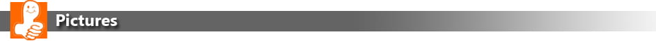 a horizontal banner with the word pictures in white text on a dark gray background and an orange smiling face giving a thumbs-up icon for 3.5mm headphone wired sports earphones with mic