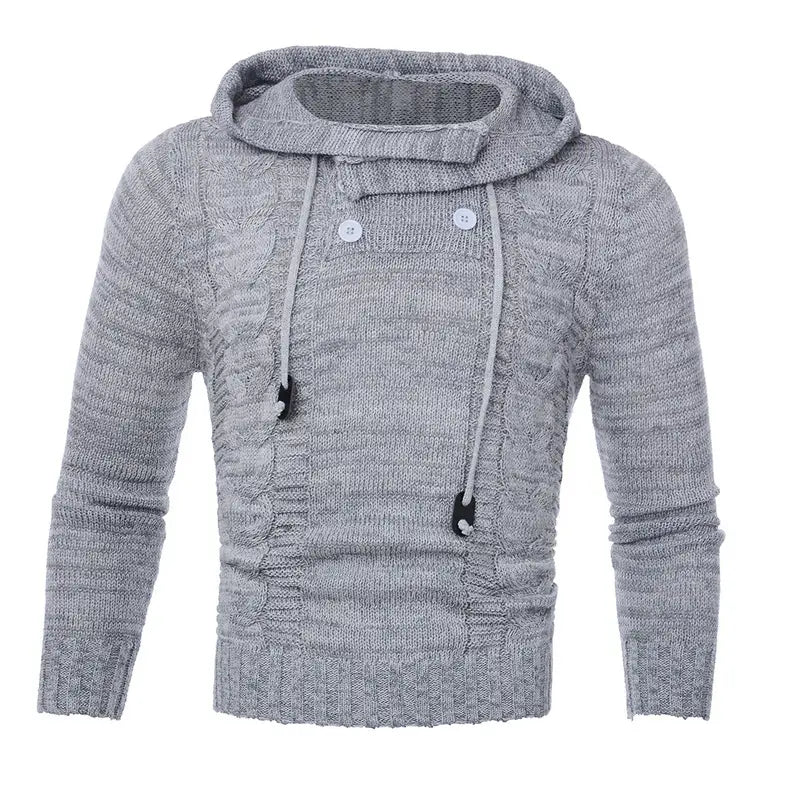 Figurbetonter Herren-Strickpullover mit Kapuze aus grauem Zopfstrick mit weißen Knöpfen und Kordeln aus weichem Material.