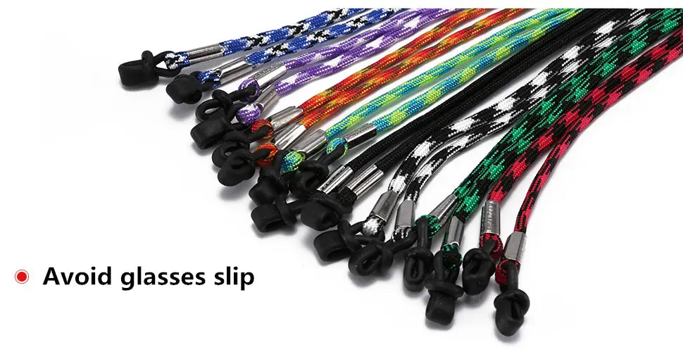 Eyewear strap 10 pack non-slip sports cord featuring multicolored braided fabric lanyards with black rubberized ends and metallic silver connectors.