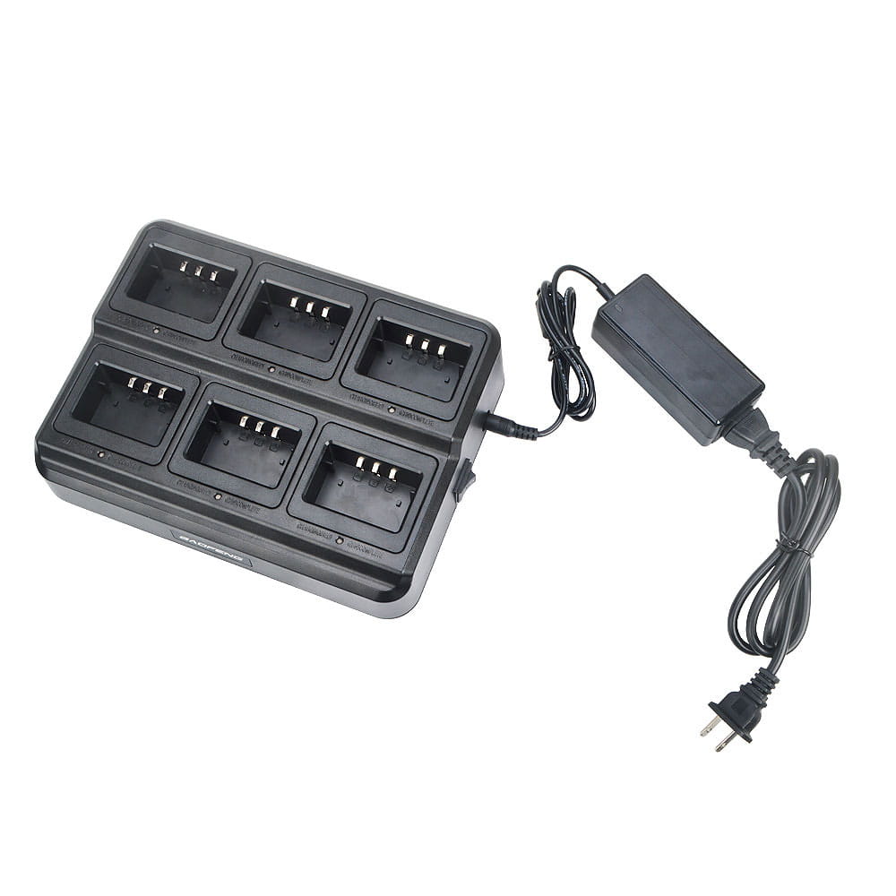 Black plastic bl-5x6 six way rapid walkie talkie charger with six charging bays and matching power adapter for uv-5r models.