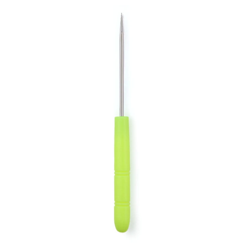 a lime green ergonomic handle beading awl tool with a slender stainless steel needle tip for jewelry making