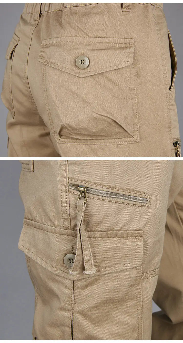 Men tactical cargo pants cotton work trousers in khaki featuring multiple pockets button closures and zipper detail.