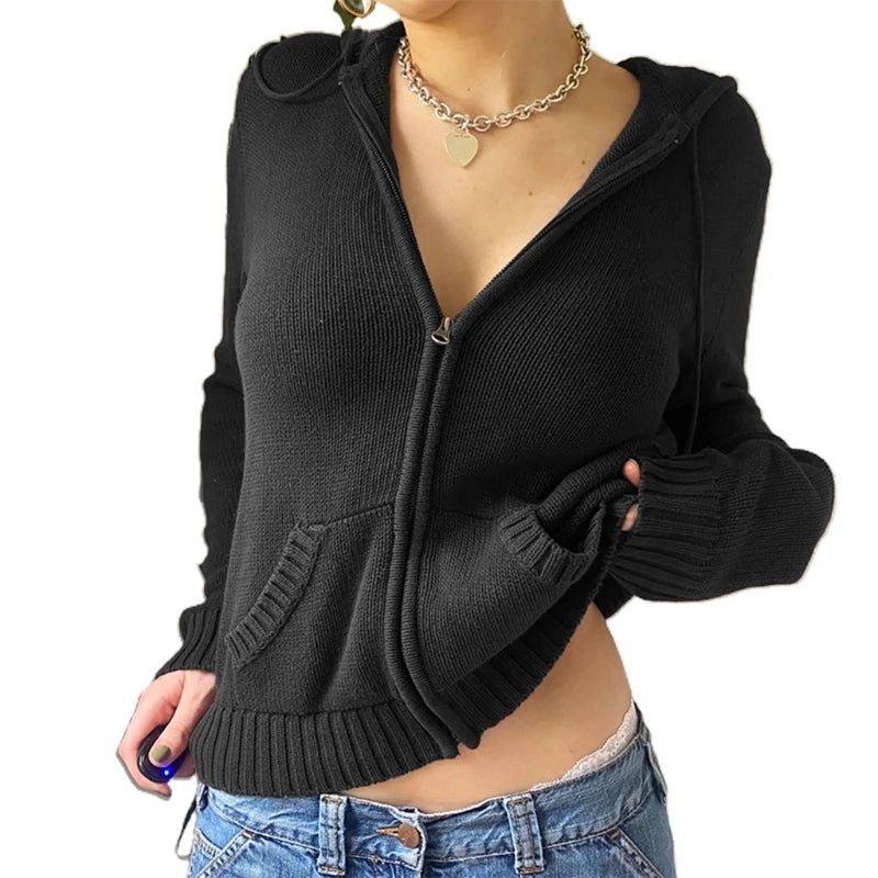 Women Autumn Hoodies Sweater Cardigan Knit Long Sleeve Crop Top Harajuku Color Zipper Front Warm Fit Outwear