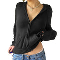Women Autumn Hoodies Sweater Cardigan Knit Long Sleeve Crop Top Harajuku Color Zipper Front Warm Fit Outwear