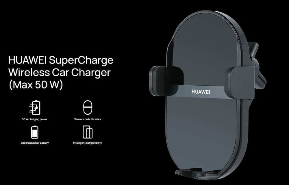 Black Huawei 50w wireless car charger with supercharge technology, sleek minimalist design, and matte finish for in-car use.