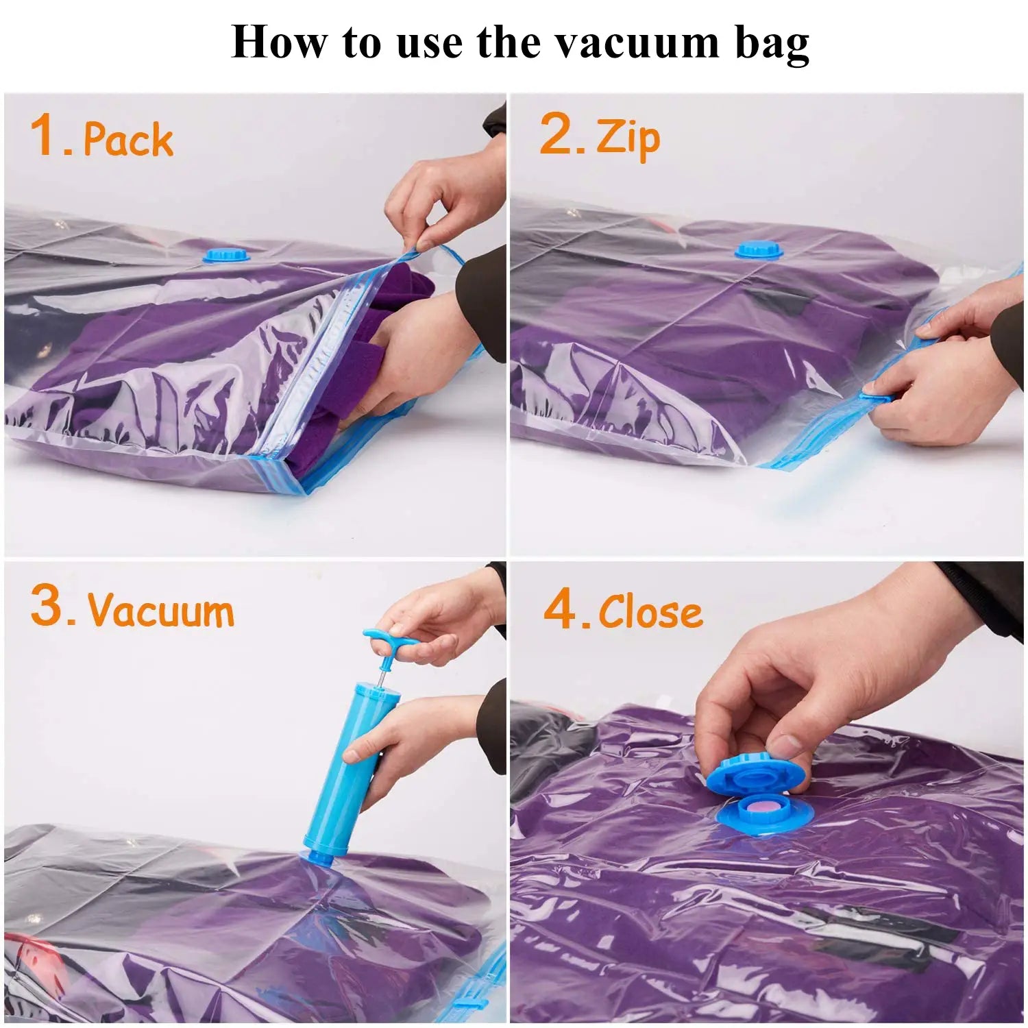 Sac de compression violet avec zip bleu et pompe manuelle intégrée pour le stockage sous vide de la literie et des vêtements
