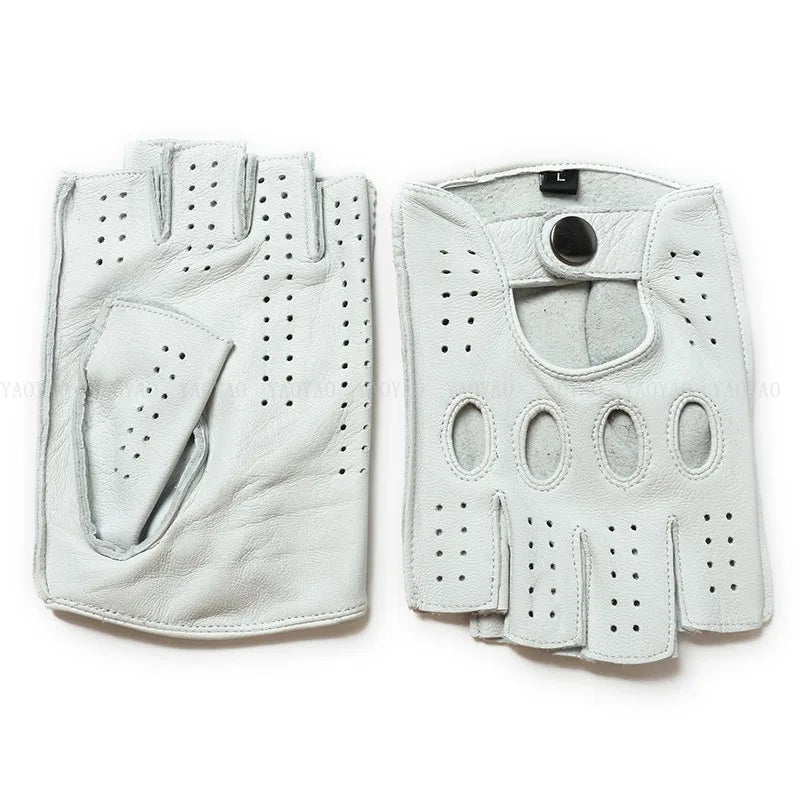 Men Motobiker Gloves Male Semi Finger Unlined Chic White Solid Color Fitness Guantes Curve Line Riding Gym Luva De Couro