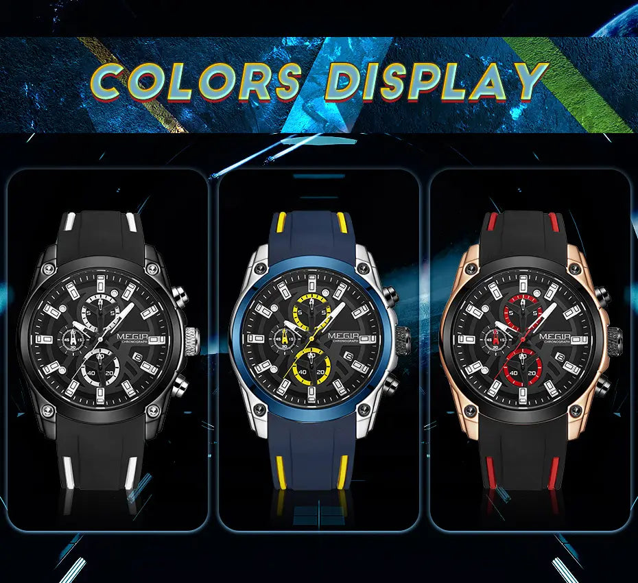 黒い文字盤の3つのスポーティーウォッチを備えた Megir スポーツクロノグラフ シリコンウォッチセット。ストラップとサブダイヤルにはカラフルなアクセント、白いストライプの入った黒いラバーストラップ、黄色のトリム付きの青いシリコンストラップ、赤いディテールのあるローズゴールドトーンのケース。
