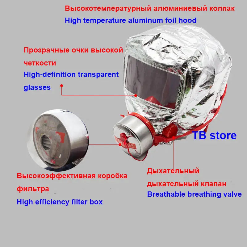 Fire escape mask 30 minute protective respirator with a silver high-temperature aluminum foil hood, transparent high-definition glasses, and a red breathing valve.