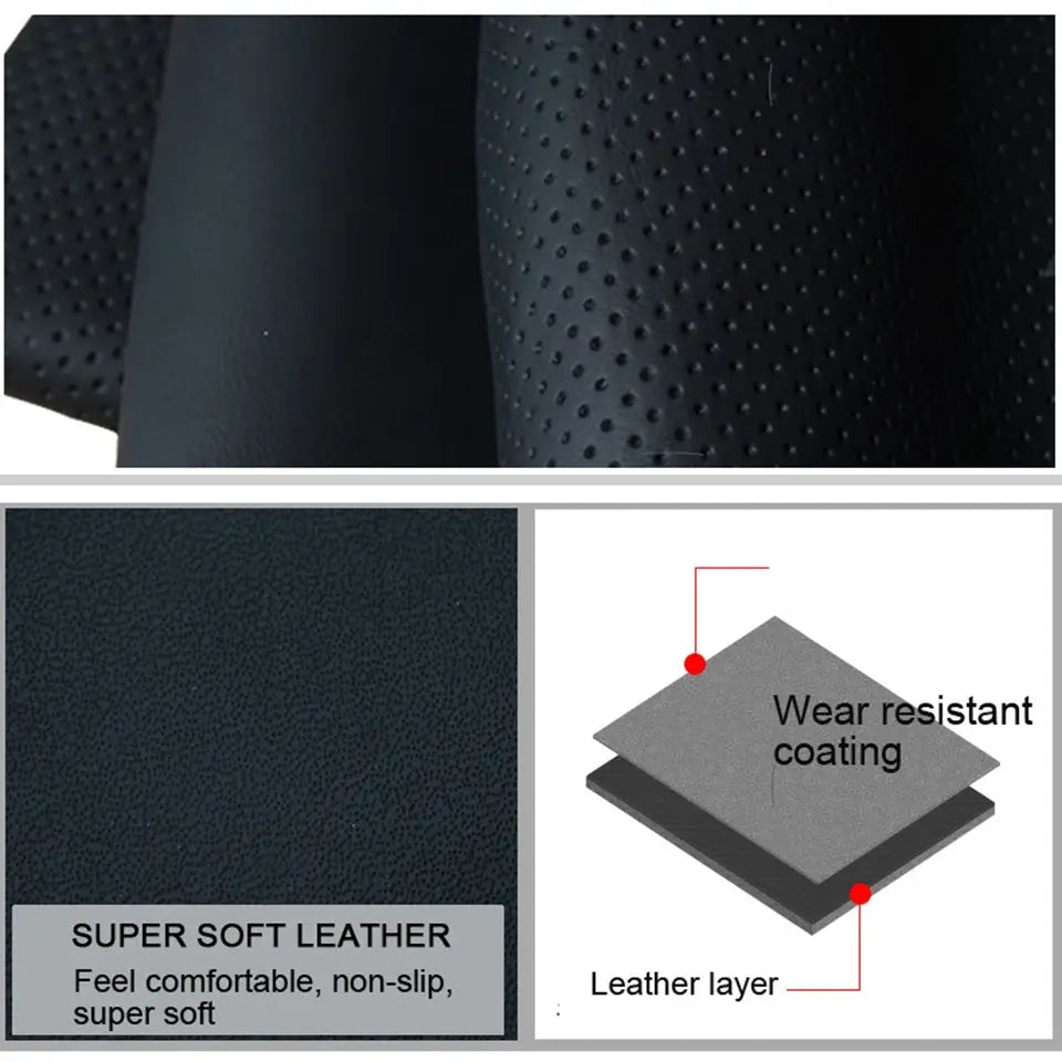 Funda para asiento de coche de cuero negro perforado, súper suave, con recubrimiento resistente al desgaste, diseñada para complementar la funda para volante Audi con costuras rojas.
