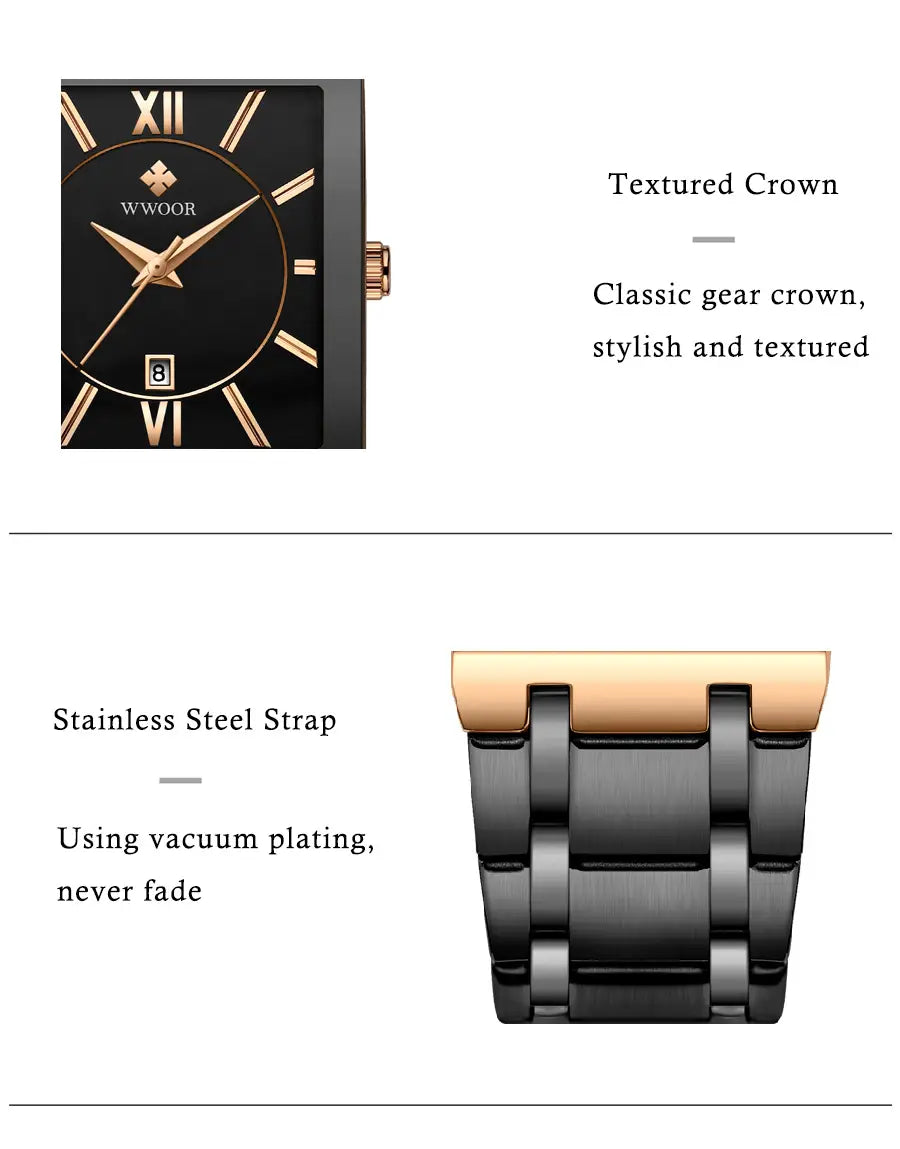 Black and rose gold Wwoor luxury stainless steel women watch with square face and roman numeral hour markers.