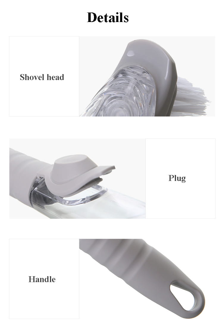 brosse en plastique grise pour distribution de savon, avec long manche ergonomique, tête de forme pelle, soies transparentes et boucle de suspension