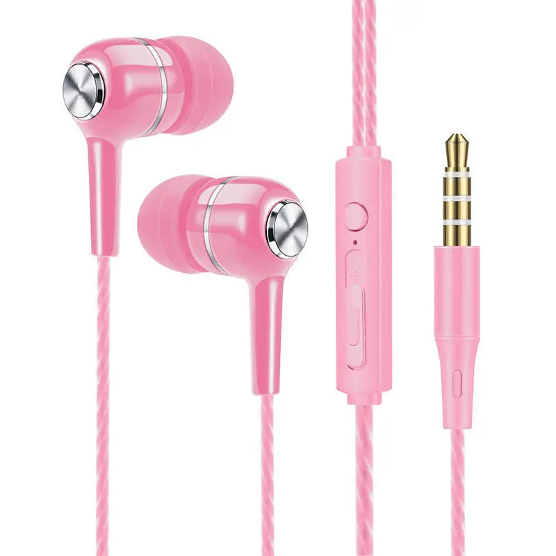 Écouteurs filaires roses, casque sport 3,5 mm avec micro, avec conception de câble tressé rose, boutons de commande métalliques argentés et prise audio 3,5 mm plaquée or.