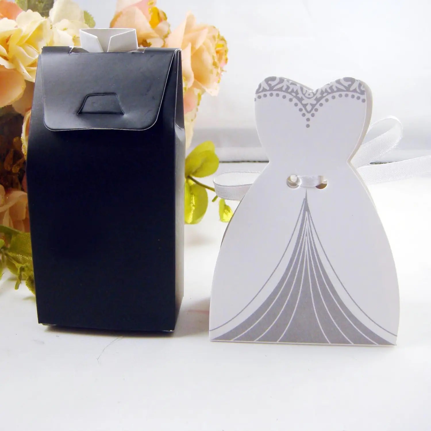 White paper wedding dress-shaped favor box with gray lace and pleated design for bride and groom wedding favor candy boxes 30 pcs.