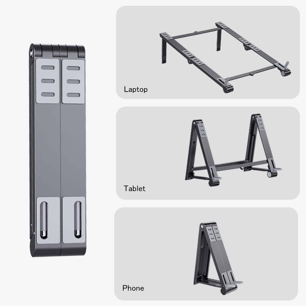 A sleek foldable aluminum laptop stand with a matte gray finish and silver accent panels designed for mobile phone and mobile phone tablet use.