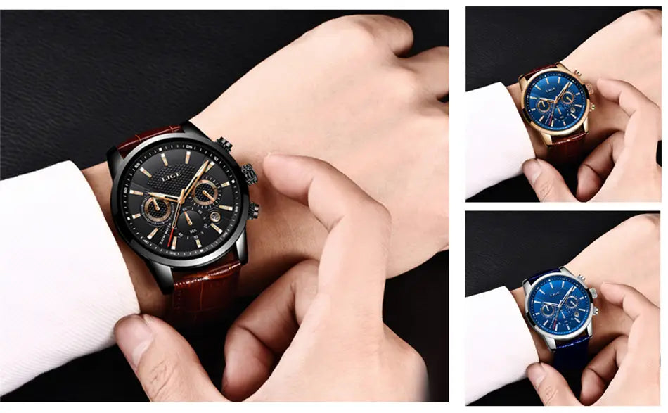 Lige men’s leather chronograph quartz watch with a black case, brown leather strap, gold-tone accents, and a blue dial in an alternative version.