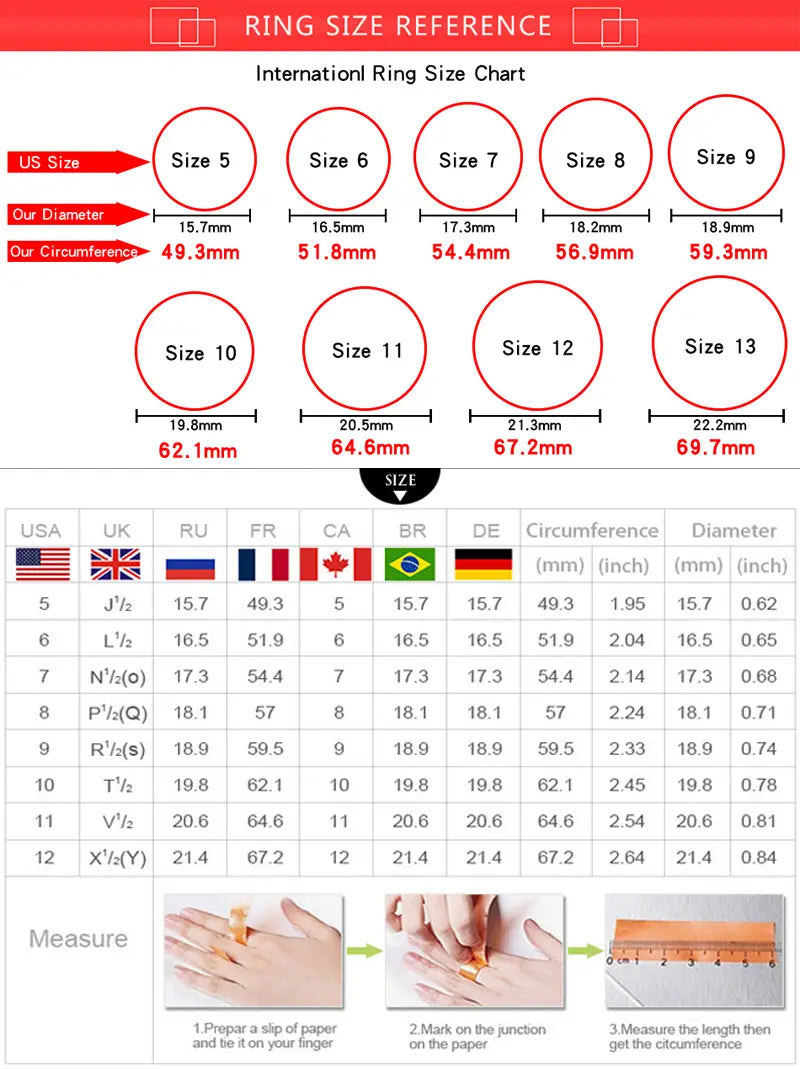 Tabla internacional de tallas de anillos que muestra medidas en milímetros y pulgadas para las tallas 5 a 13, con tablas de conversión en los sistemas US UK RU FR CA BR DE para el anillo de pareja de argollas de boda de oro de 18 quilates y 4 mm.