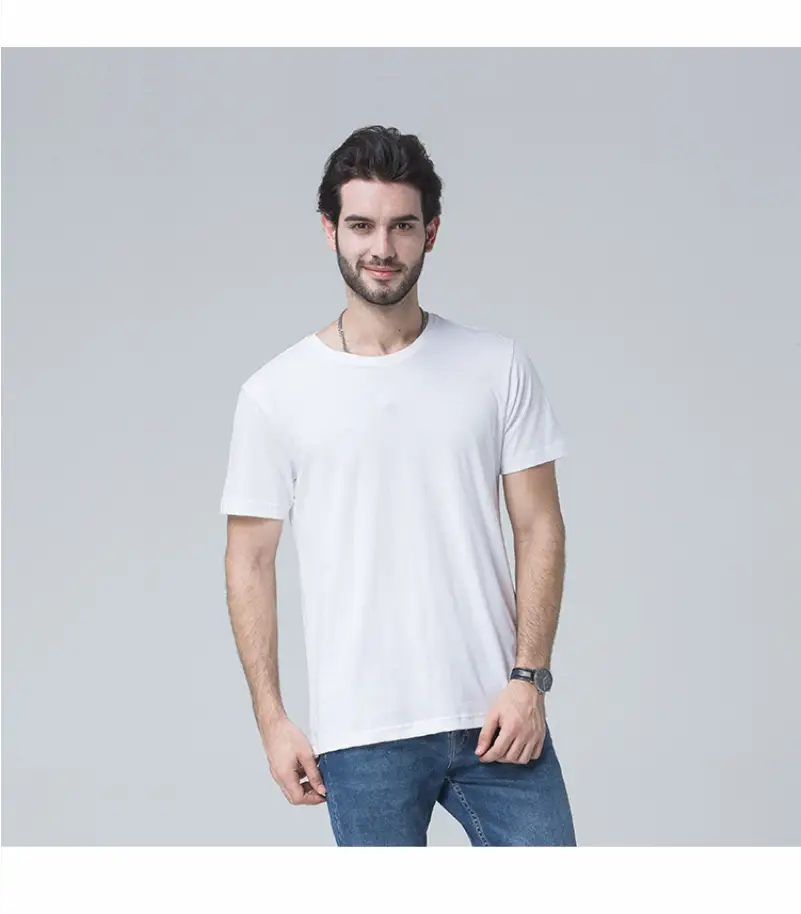 White cotton crew-neck shirt men customized with personalized design and available size chart for perfect fit.