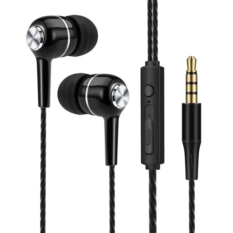 Écouteurs filaires noirs avec anneaux d’accent argentés et câble tressé, comprenant un module de commande intégré pour l’utilisation en casque sport avec connexion de micro en 3,5 mm.