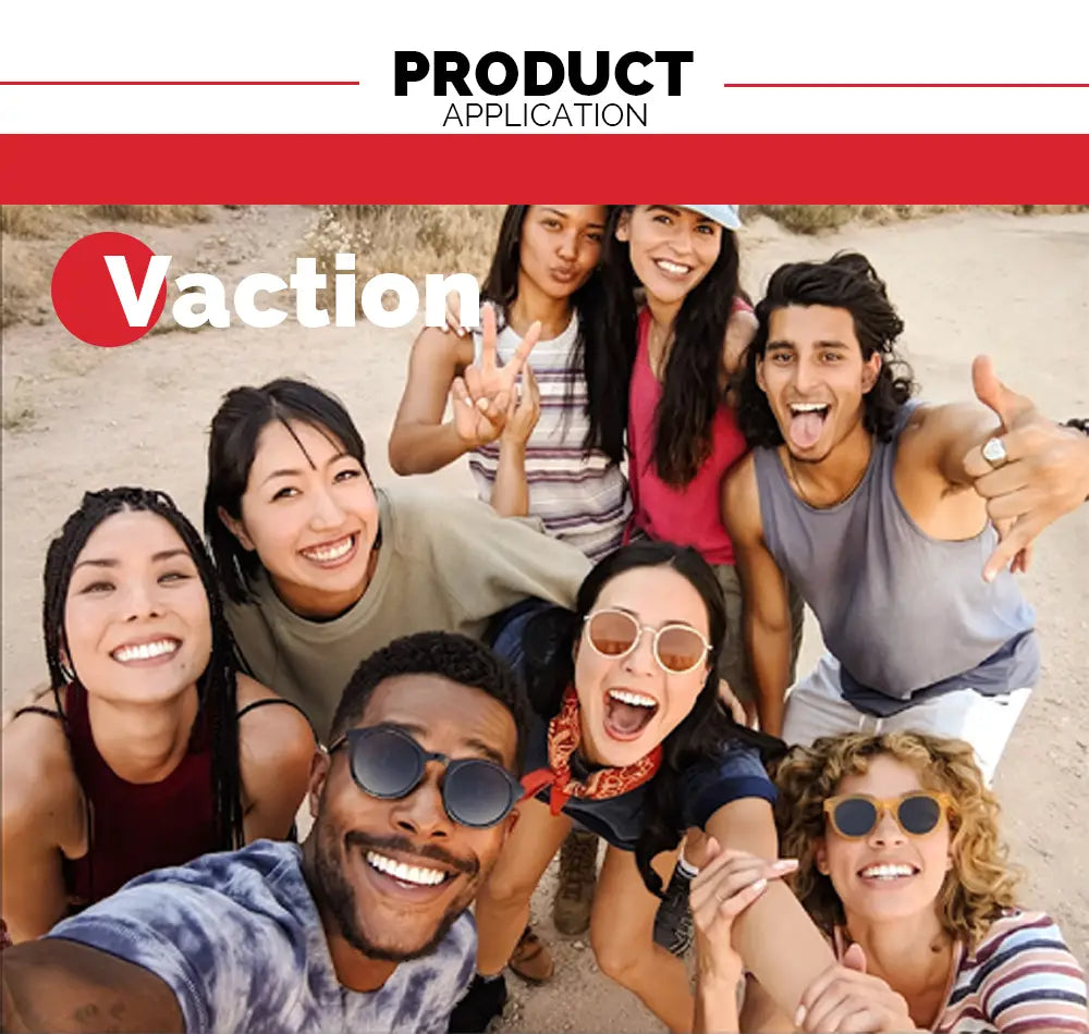 a group of smiling friends outdoors wearing vacation brand polarized clip on night vision sunglasses designed for enhanced night vision and eye protection